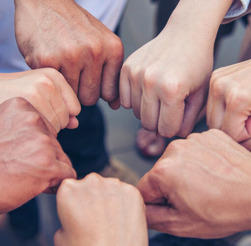 Partners Group of people making a fist and joining hands to form a circle.